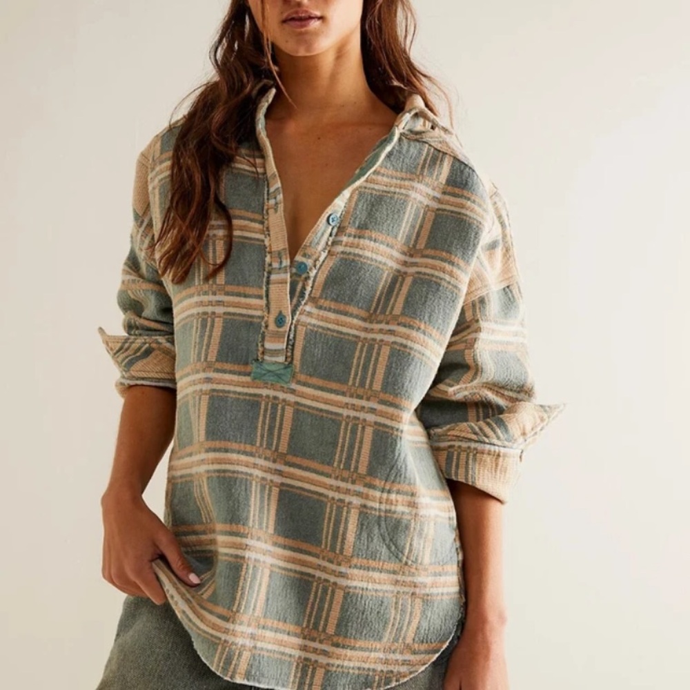 Free People Blue and Tan Plaid Button-Down Shirt